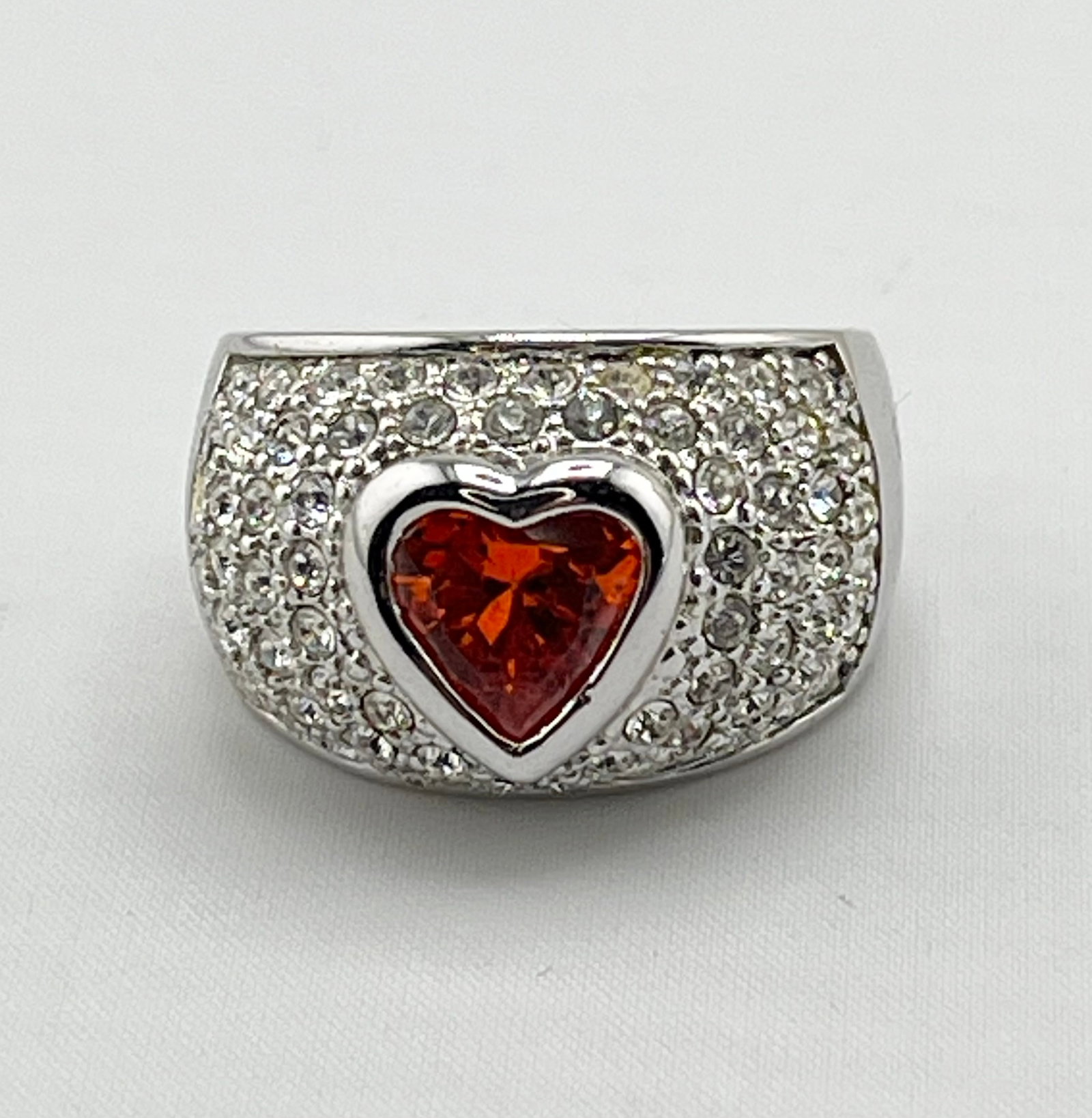 925 Sterling Silver Heart Shape Mandarin Garnet Surrounding With Full CZ Ring. (1 of 6)