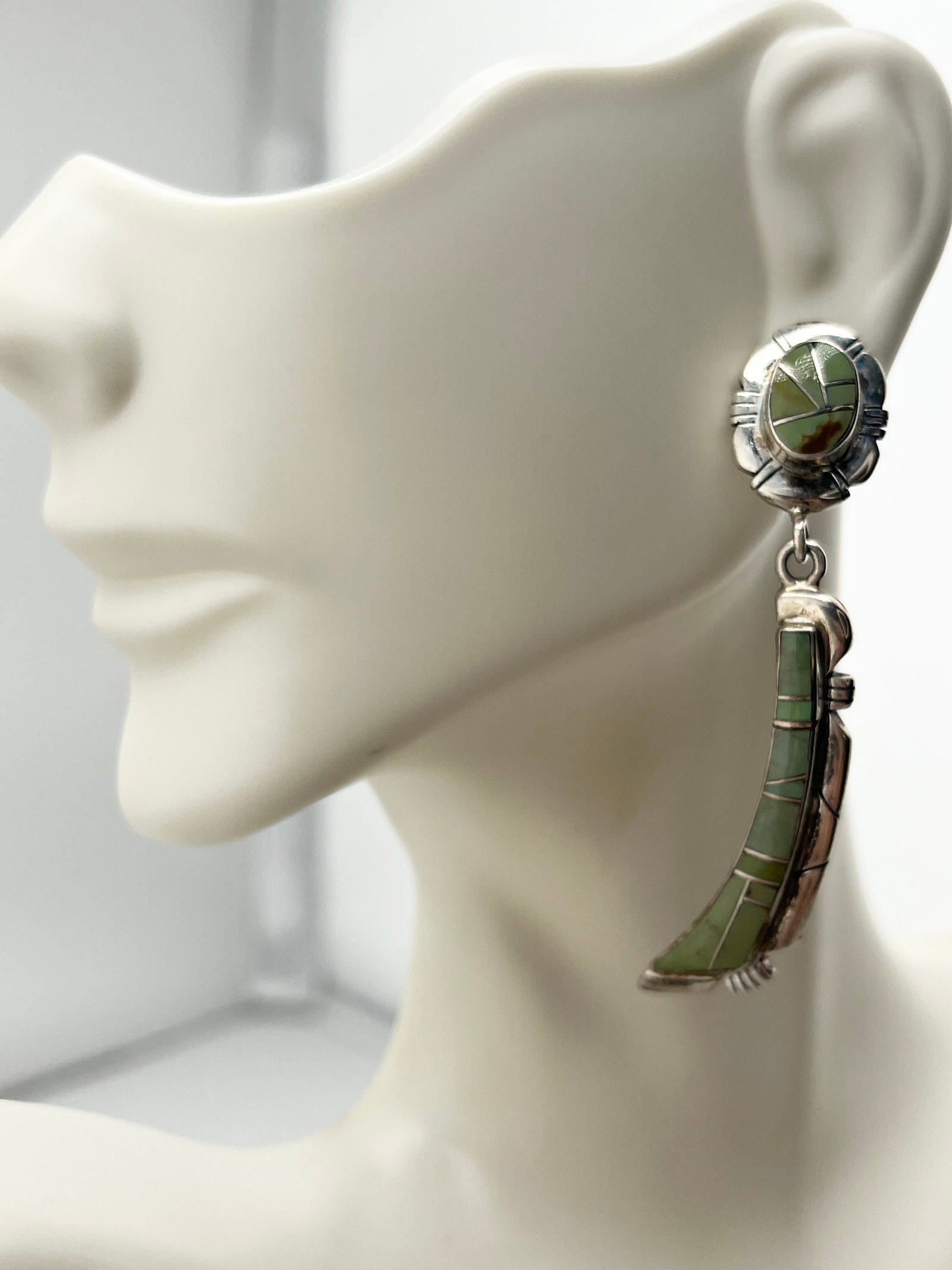 925 Sterling Silver Native American Navajo Drop Green Turquoise Earrings (1 of 5)