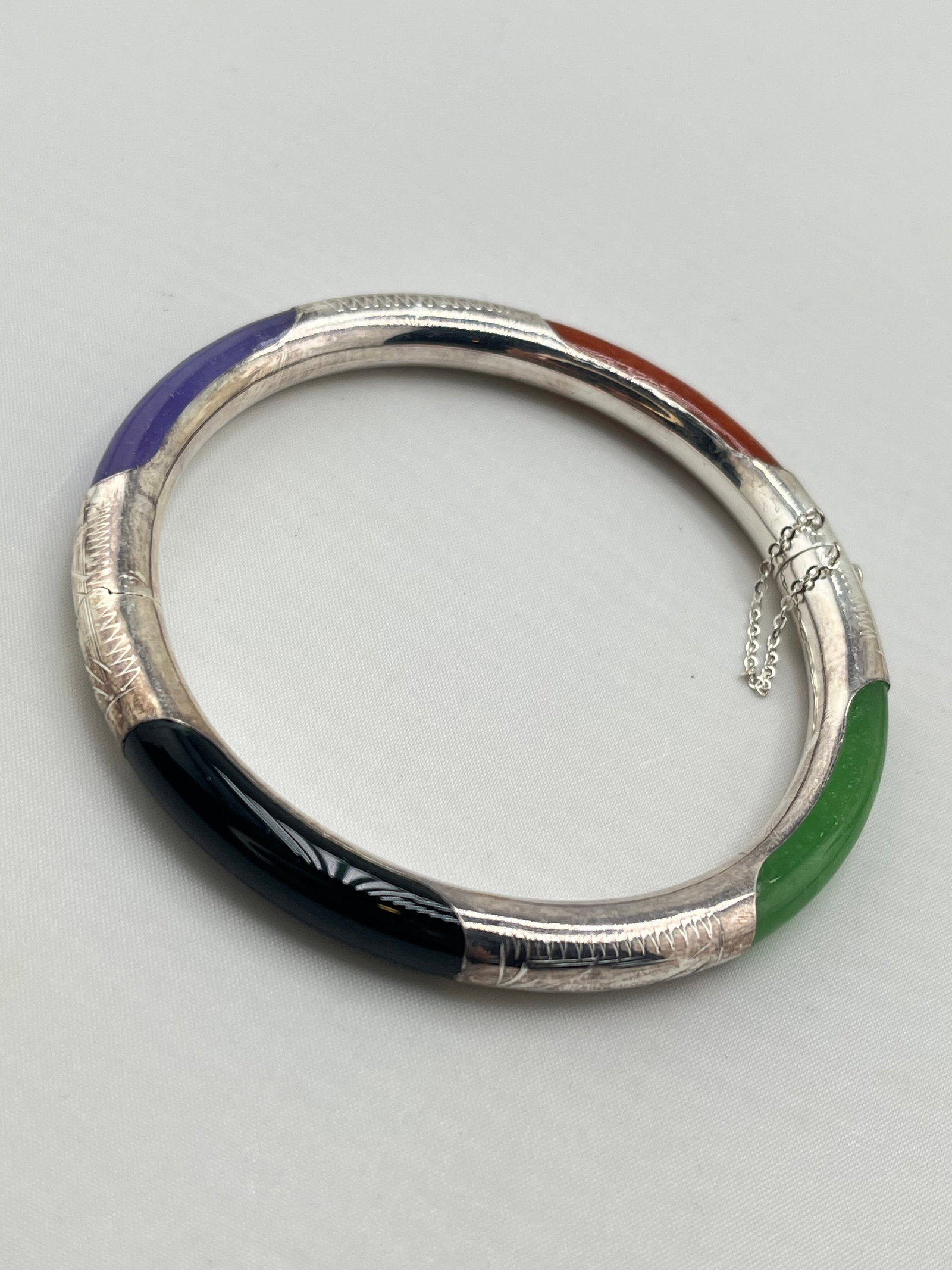 925 Sterling Silver Kwan Collection Hinged Bangle With Multi Color Jade Detail (1 of 5)