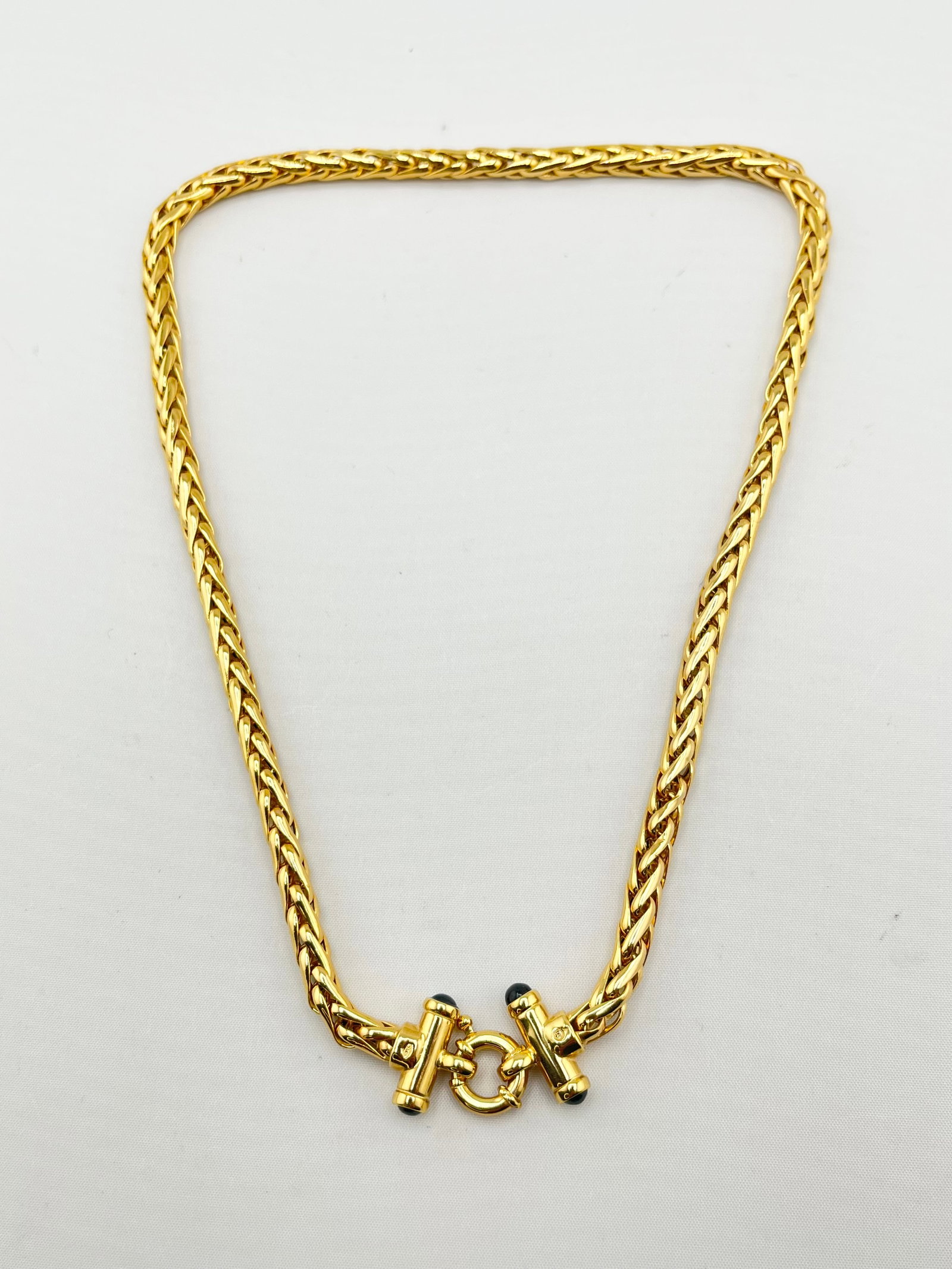 Italian 14KT Yellow Gold 5MM Franco Chain necklace With Black Onyx Springring Clasp: Italian 14KT Yellow Gold 5MM Franco Chain Necklace with Black Onyx Spring-ring Clasp. 16 grams. 17 inches