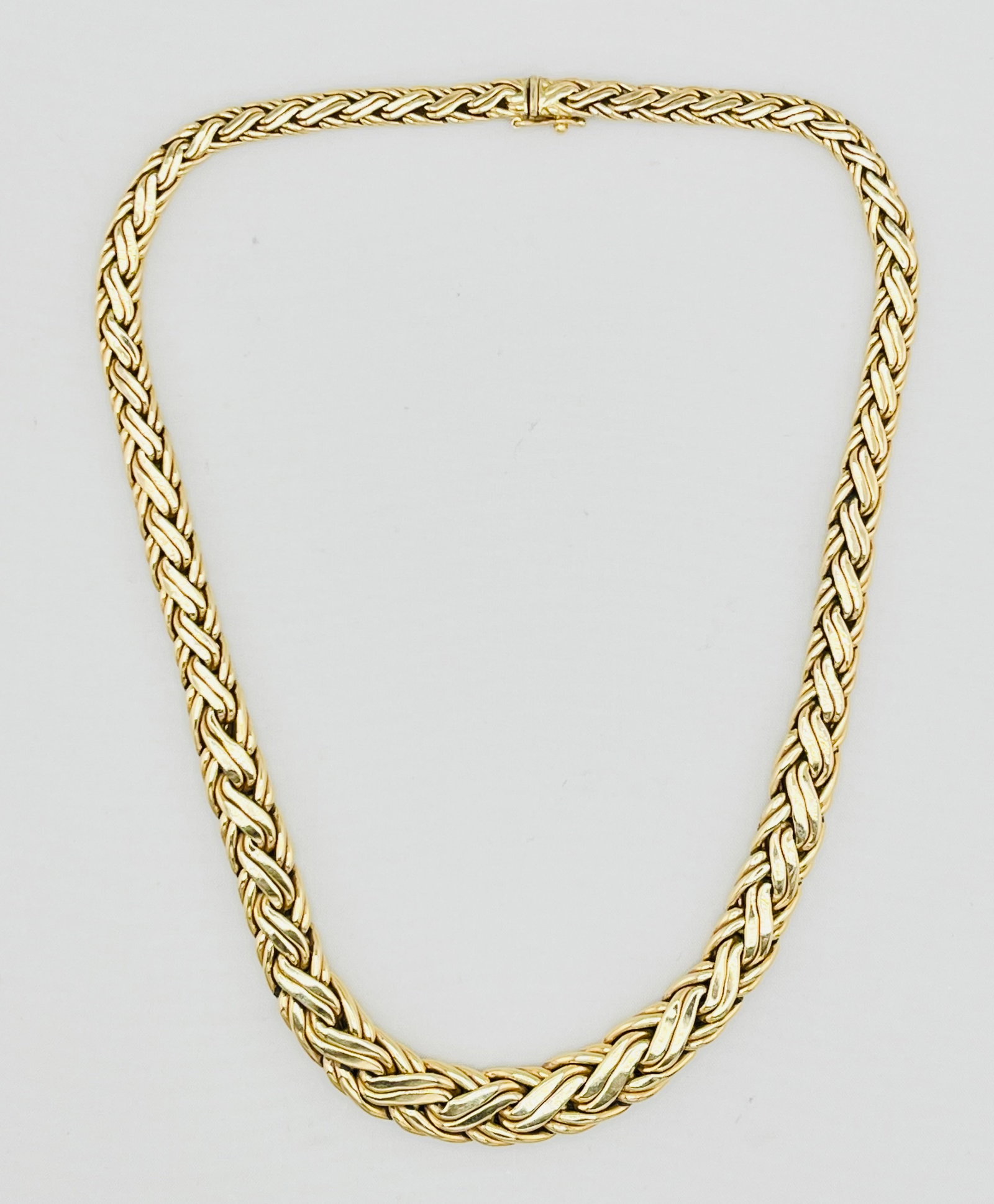Vintage Tiffany& Co 14KT Yellow Gold Graduated Thick Woven Link Necklace: Vintage Tiffany & Co 14Kt Yellow Gold Thick Graduated Woven Necklace With Box Clasp And Safety Catch.? 44 grams.? 17.5 inches