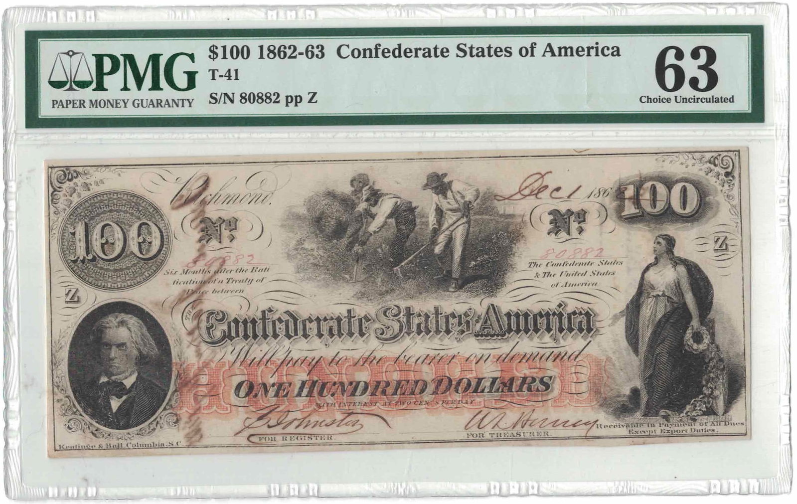 1862-63 $100 Confederate States of America T-41 | PMG 63 Choice Uncirculated | S/N 80882 | Civil War (1 of 2)