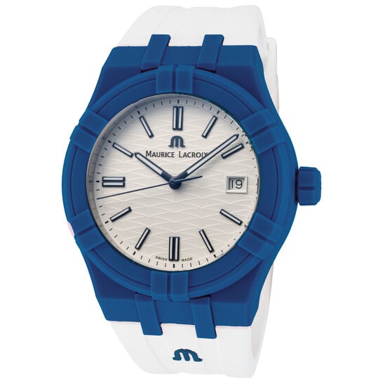 Maurice Lacroix Aikon Quartz White Dial Men's Watch: This stylish men's watch features a 40 mm round case crafted from ocean-bound plastic, paired with a matching fixed blue bezel for a modern, eco-conscious touch. The white rubber strap ensures a comfo