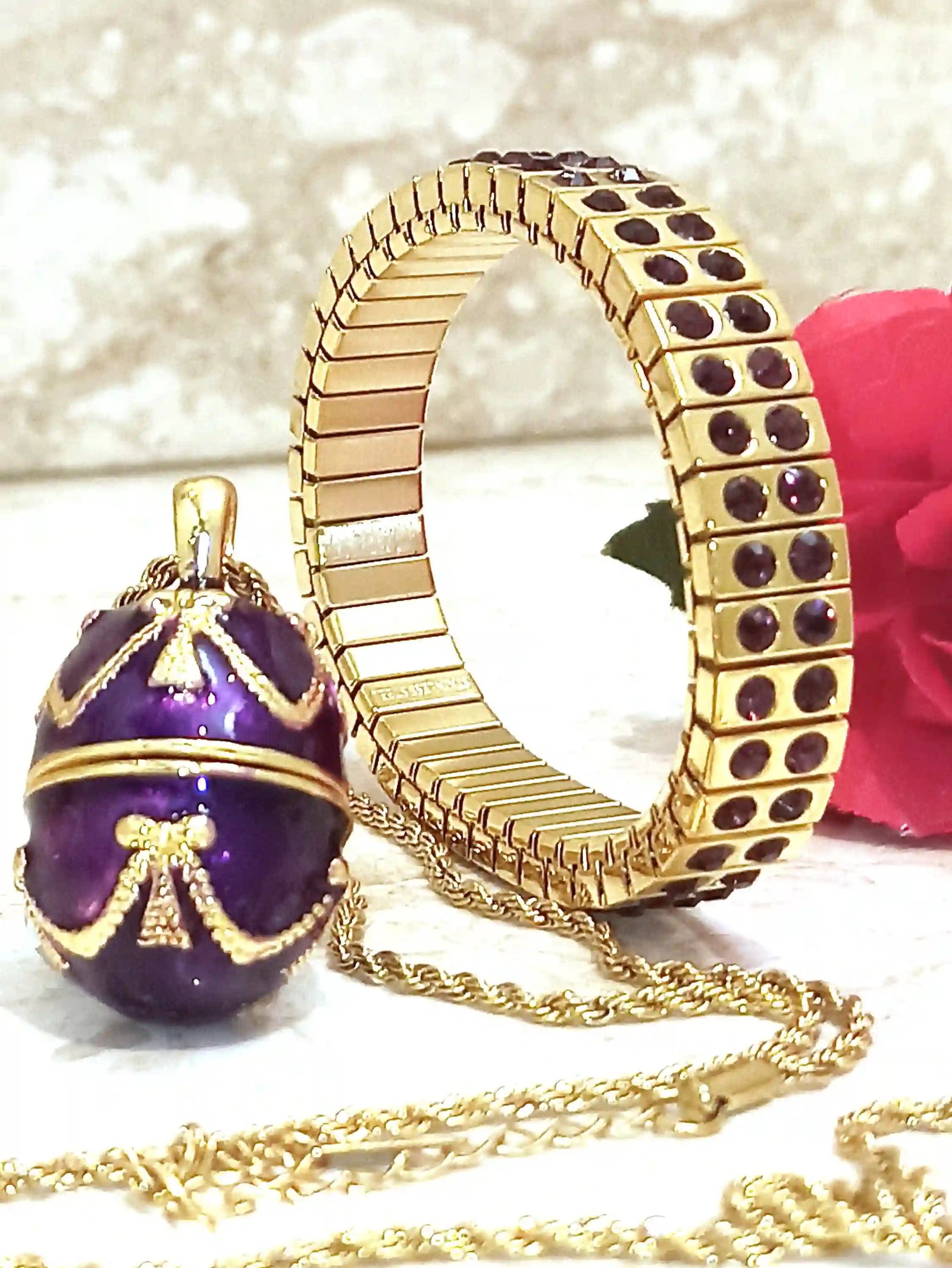 Imperial Amethyst Egg Pendant & Bracelet Set ? 24K Gold Accents ? Regal Bridal Gift for Her: Step into timeless elegance with this exquisite heirloom-inspired jewelry set, designed for those who appreciate artistry, symbolism, and refined luxury.What?s IncludedOrnate egg-inspired locket