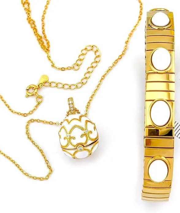 Designer White Egg Pendant & Bracelet Set ? 18K Gold Vermeil Over Sterling Silver: A timeless symbol of elegance and celebration, this exquisite egg-inspired jewelry set captures the romance of Old World artistry with a modern bridal glow. Designed to make an impression, the