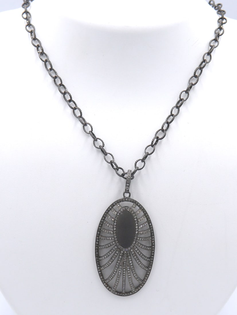 Edgy Oxidized Sterling Silver Openwork Art Deco Style Oval Necklace: Edgy Oxidized 925 Sterling Silver 1.77ct Diamond Openwork Art Deco Style Oval Pendant on 18" Princess Chain Necklace. 18.80 Grams.