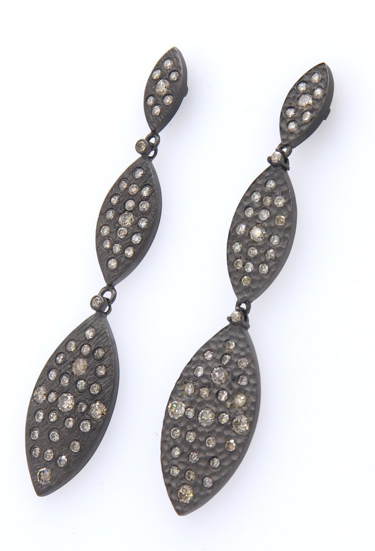 Gorgeous Oxidized Sterling Silver Earrings with Diamonds: These Gorgeous Oxidized 925 Sterling Silver Dangle Earrings feature approx. 4.54CTW Round Cut Light Brown Diamonds that are Flush Set into Marquise Shaped Dangle Earrings.? These earrings weigh approx