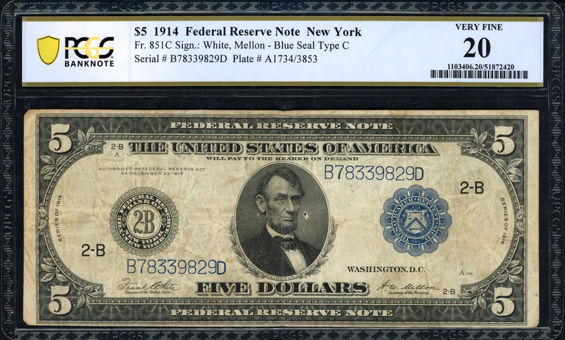 1914 $5 Federal Reserve Note Fr. 851c New York White/Mellon PCGS VF 20 (1 of 2)