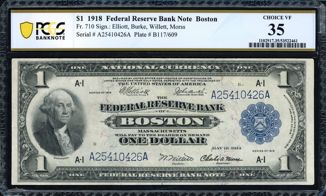 1918 $1 Boston Federal Reserve Bank Note Fr. 710 PCGS Choice VF 35 Elliott Burke Willett Morss (1 of 2)