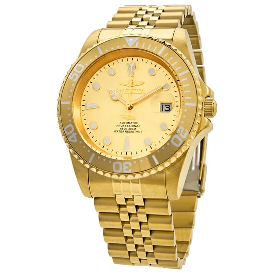 Invicta Pro Diver Automatic Men's Watch ? Gold-Tone Stainless Steel, Champagne Dial, 200M: A bold and refined diver-style timepiece designed for both everyday wear and underwater capability. This Invicta Pro Diver features a striking yellow gold-tone stainless steel case and bracelet paired