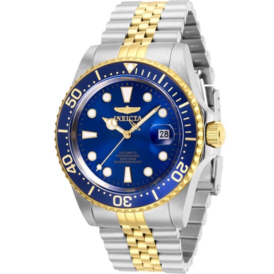 Invicta Pro Diver Automatic Blue Dial Two-Tone Stainless Steel Men's Watch: A bold and reliable dive-style timepiece, this Invicta Pro Diver combines classic design with dependable automatic performance. The watch features a striking blue dial paired with luminous yellow gold