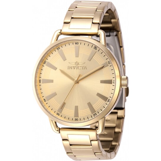 Invicta Wildflower Women's Gold-Tone Stainless Steel Watch ? Gold Dial: Graceful, refined, and effortlessly stylish, this Invicta Wildflower women's watch blends classic elegance with everyday practicality. The polished gold-tone stainless steel case and bracelet create a