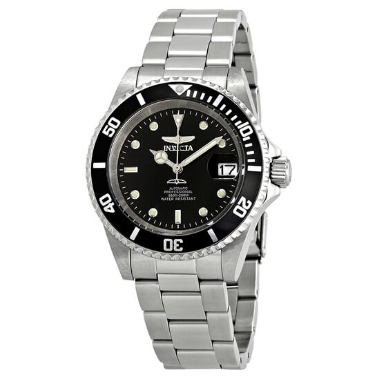 Invicta Pro Diver Automatic Men's Watch ? Black Dial, Stainless Steel Bracelet: A classic diver-inspired timepiece built for reliability and everyday style, this Invicta Pro Diver automatic watch combines rugged construction with clean, timeless design. The polished stainless ste