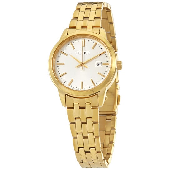 Seiko Women?s Gold-Tone Stainless Steel Watch ? White Dial, Quartz, Date Display: Simple, elegant, and quietly doing its job like a responsible adult. This women?s Seiko timepiece blends classic styling with everyday practicality, making it a reliable addition to any wardrobe.
