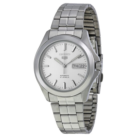 Seiko 5 Automatic Men?s Stainless Steel Skeleton Dial Silver Watch ? 38mm: A classic automatic timepiece from Seiko featuring a sleek stainless steel design and a partially exposed skeleton dial that highlights its mechanical movement. The 38mm round case is paired with a