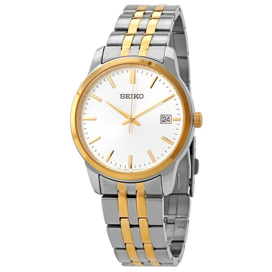 Seiko Essentials Men?s Two-Tone Stainless Steel White Dial Quartz Watch ? 40mm: Clean, classic, and built for everyday wear without trying too hard about it. This men?s watch from Seiko pairs a polished stainless steel case with a two-tone bracelet, blending silver and gold