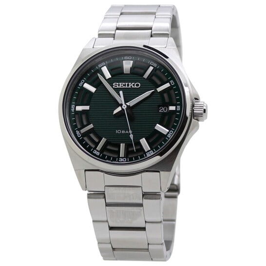 Seiko Men's Green Dial Stainless Steel Quartz Watch ? 40mm Sport Style: This Seiko men's watch combines a bold, modern look with everyday durability. Featuring a striking green dial set in a polished stainless steel case, it delivers a clean yet sporty aesthetic suitable