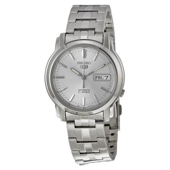 Seiko Men?s Automatic Stainless Steel Watch ? Silver Dial, Transparent Case Back, Day-Date Display: Clean, classic, and quietly mechanical, this men?s automatic watch delivers timeless style with a modern edge. Crafted from stainless steel, it features a sleek silver-tone finish paired with a matchi