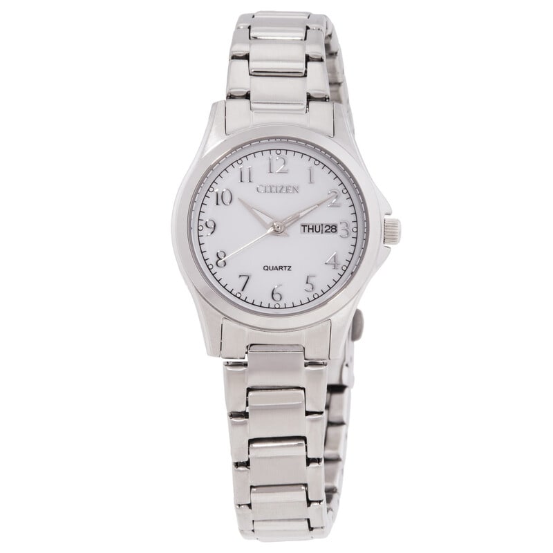 Citizen Quartz White Dial Stainless Steel Ladies Watch: Elegant, timeless, and built for everyday wear, this Citizen ladies watch offers a refined look with dependable functionality. The polished stainless steel case and bracelet feature a sleek