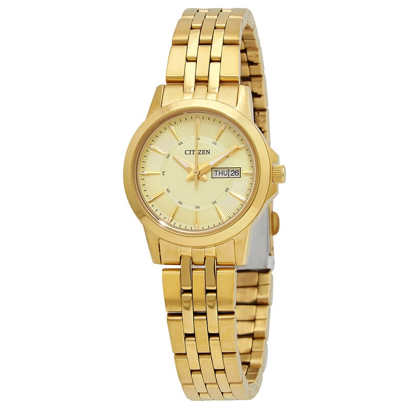 Citizen Quartz Gold Dial Yellow Gold-Tone Ladies Watch: Elevate your everyday style with this elegant Citizen ladies watch, designed with a refined gold-tone finish that brings timeless sophistication to any look. The polished stainless steel case and