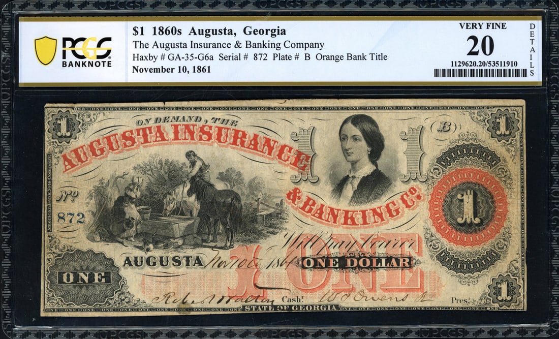 1861 Augusta Insurance & Banking Co. $1 Note Augusta, Georgia PCGS Very Fine 20 Details Nov. 10 Issu: 1861 Augusta Insurance & Banking Co. $1 Note Augusta, Georgia PCGS Very Fine 20 Details Nov. 10 Issue A historic $1 note issued by the Augusta Insurance & Banking Company of Augusta, Georgia, dated No