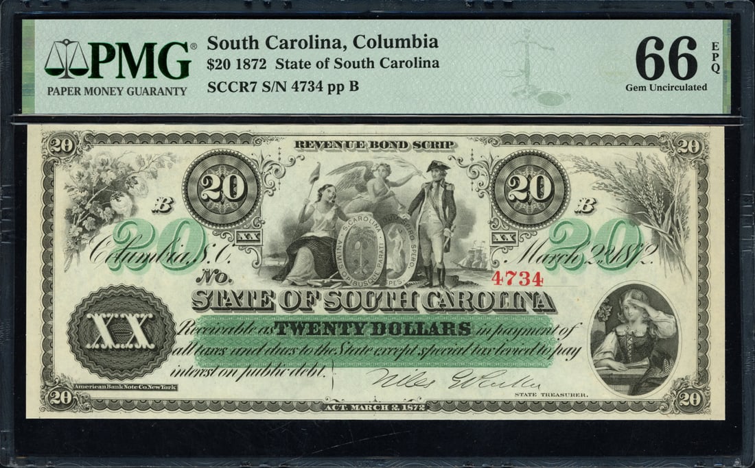 1872 $20 State of South Carolina Note Columbia Issue PMG Gem Uncirculated 66 EPQ (1 of 2)
