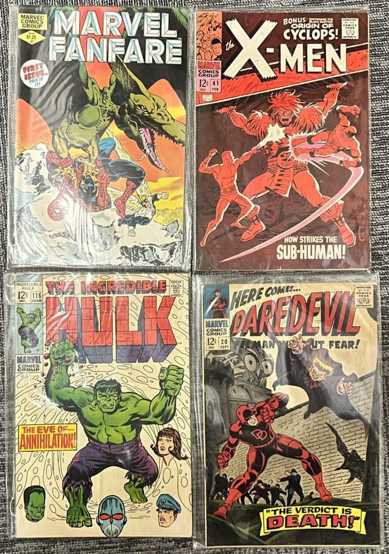 Vintage Marvel Comic Book Lot of 4 X-Men #41, Daredevil #20, Hulk #116, Marvel Fanfare #1 (1 of 6)