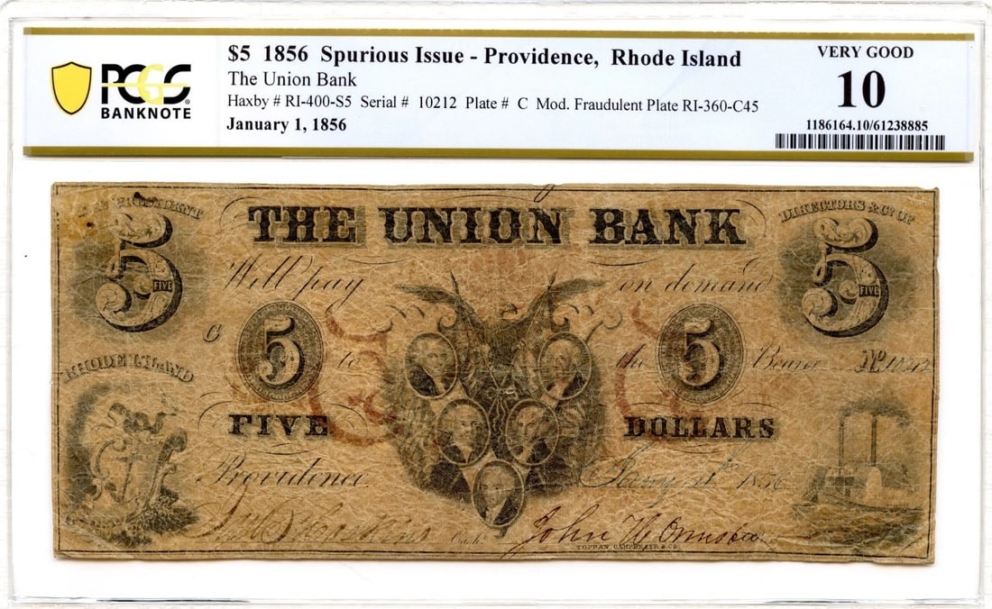 1856 $5 Union Bank Providence Rhode Island Obsolete Note PCGS VG-10 Spurious (1 of 2)