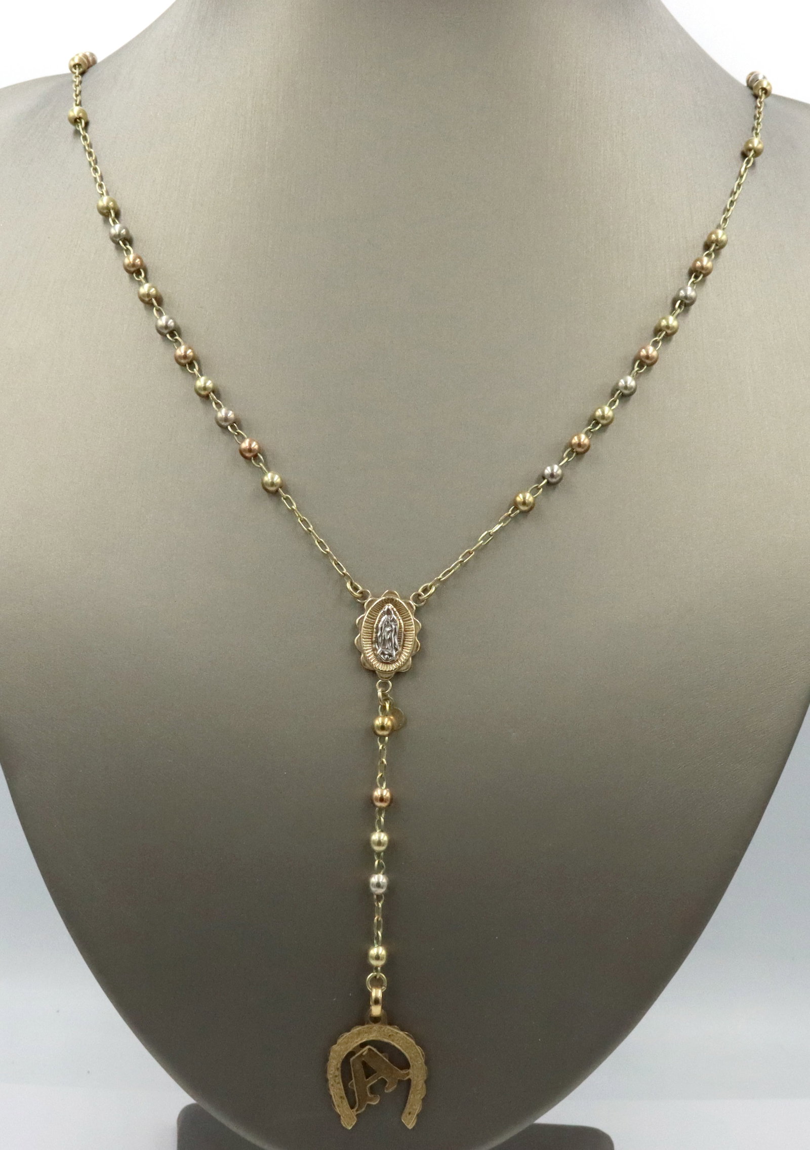 14kt Tri color gold Rosary necklace with A initial (1 of 7)