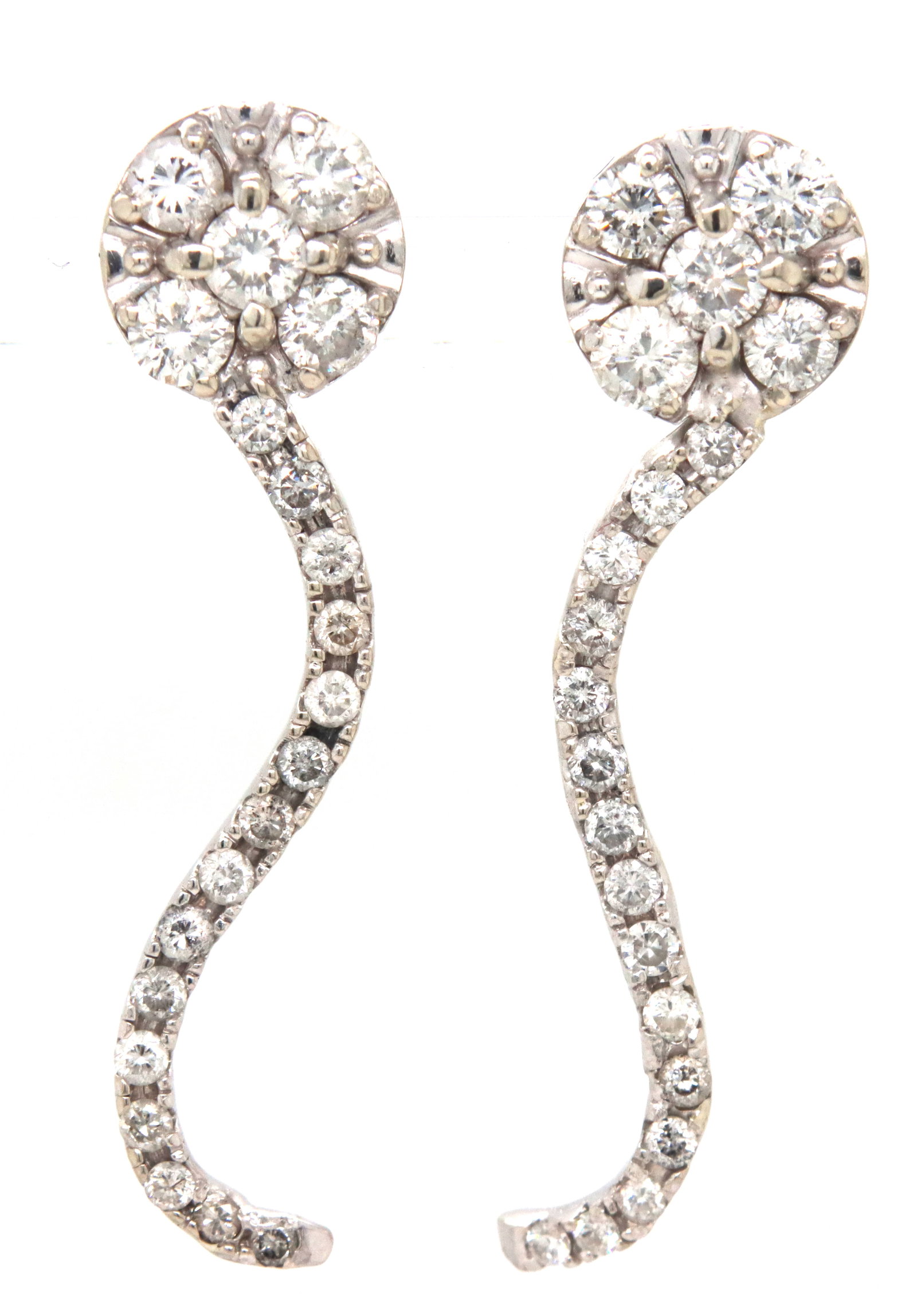 14kt White gold 2ctw diamond cluster swirl post earrings: 14kt White gold approximate 2ctw diamond cluster swirl post earrings. Color I-J. Clarity SI2-I1. The total weight of the earrings is 6 grams. Comes with cert.