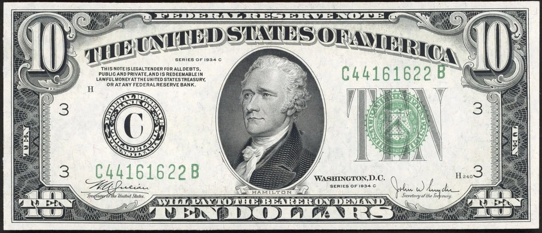 1934-C $10 Federal Reserve Note Philadelphia District Choice AU (1 of 2)