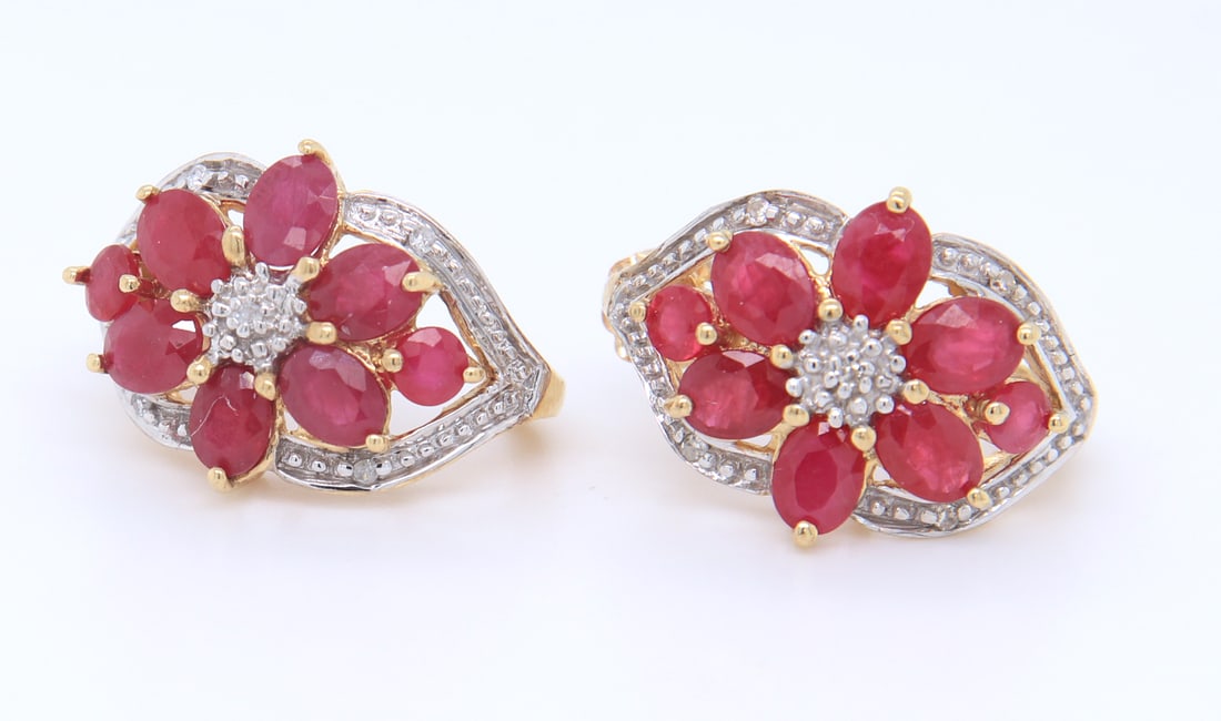 10KT Yellow Gold Flower Cluster Ruby Earrings (1 of 4)