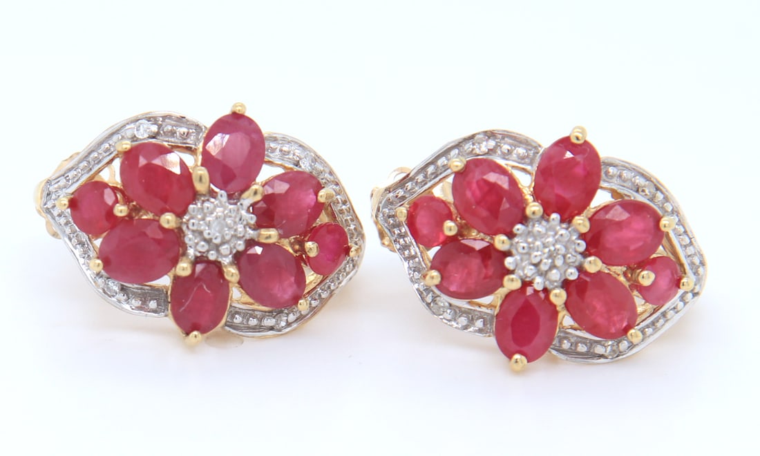 10KT Yellow Gold Flower Cluster Ruby Earrings - 2