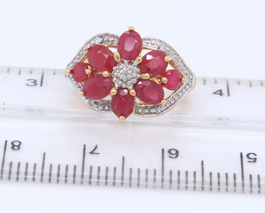 10KT Yellow Gold Flower Cluster Ruby Earrings - 4