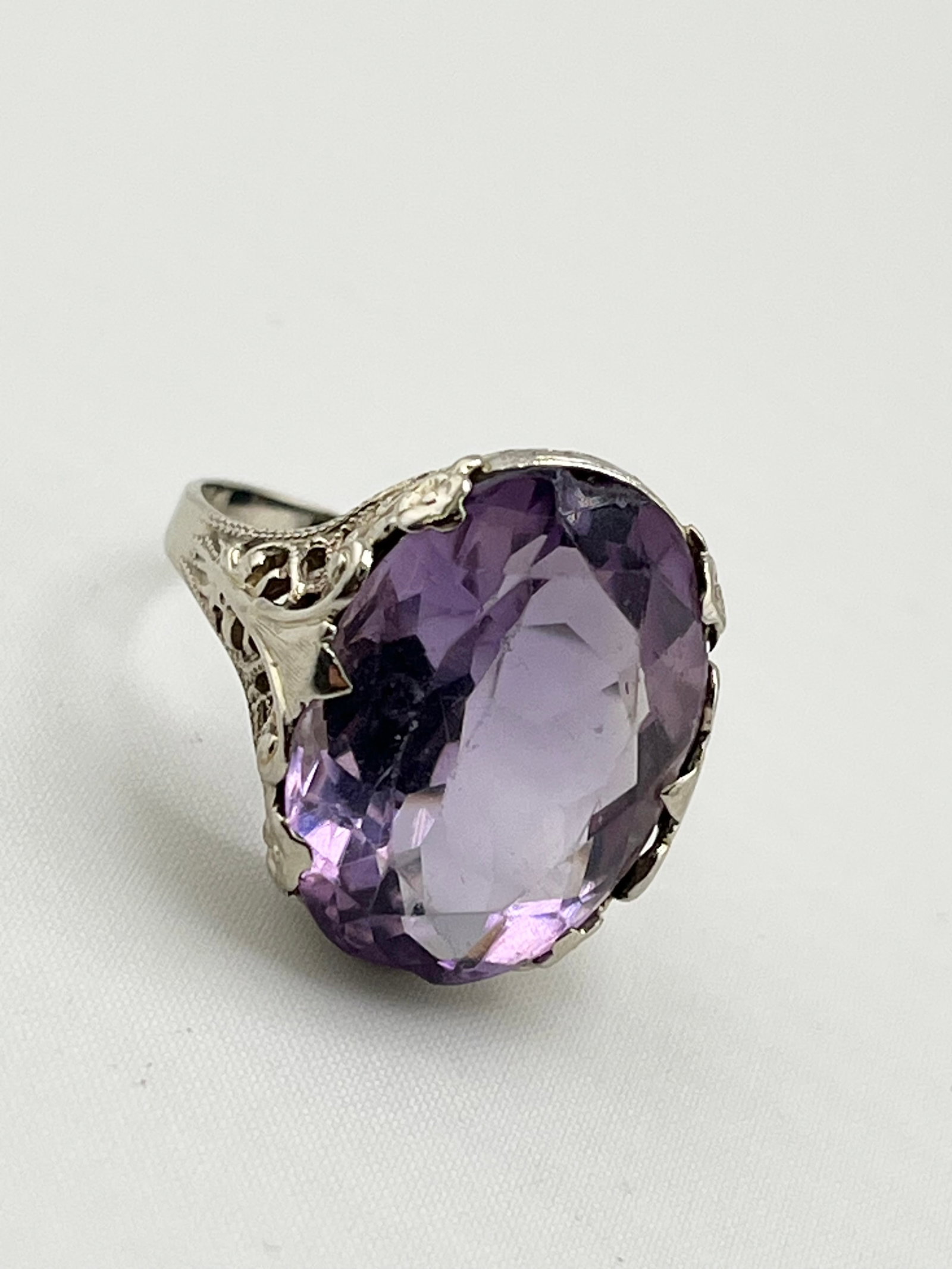 14KT White Gold Art Deco Filigree Design Amethyst Ring (1 of 7)