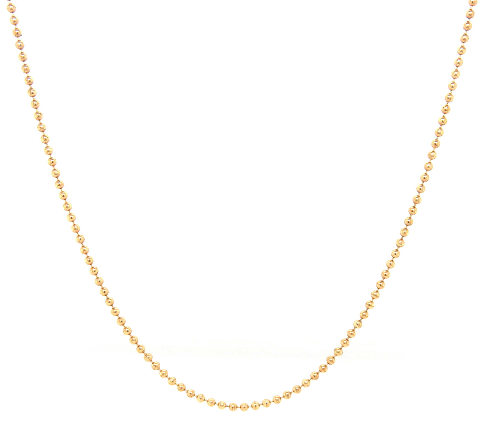 18kt Yellow gold beaded chain necklace: 18kt Yellow gold beaded 18-inch chain necklace with lobster clasp. The total weight of the chain is 4.63 grams.