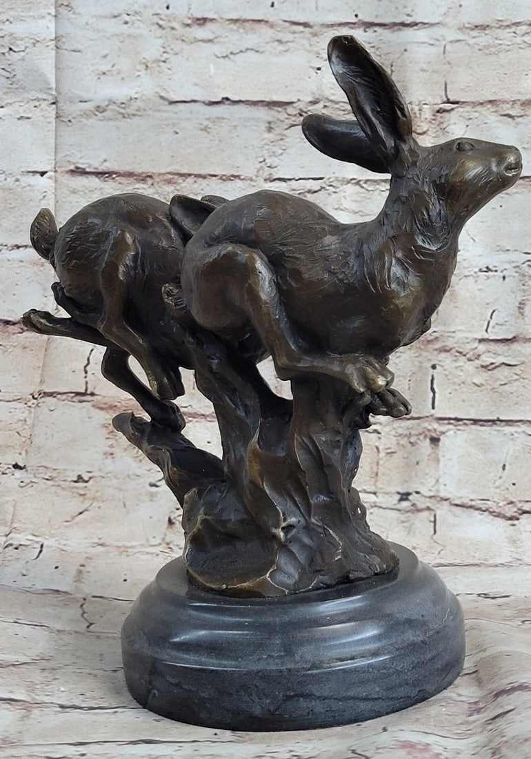 Two Running Hare Bronze Figurine - 4