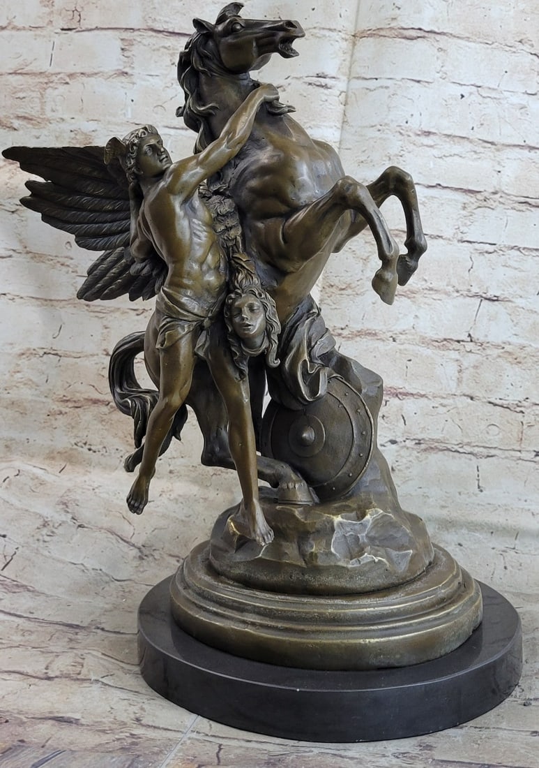 Perseus and Pegasus Greek Mythology Hero Bronze Sculpture: Perseus and Pegasus prepare to take flight. Greek mythology tells many tales of Perseus's exploits as the hero who battled and defeated many monsters. The most popular tale is that of him slaying the 