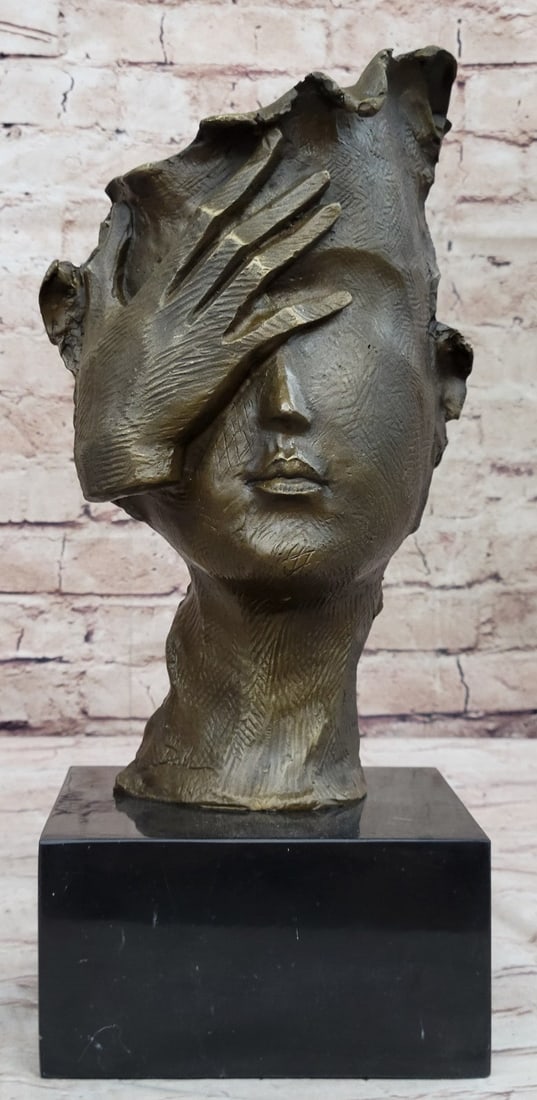 Title Shame on Me Bronze Sculpture on Marble Base: This unique abstract of a man gently puts her right hand up against her face as she seems to be in pain. She has her eyes close as if she could have a bad headache, she has no head it's more of a crea