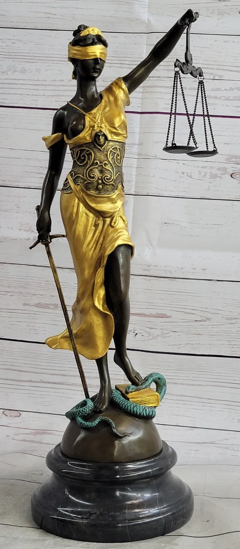 Gold Accent Blind Justice Bronze Sculpture: Lady Justice and Blind Justice are the names associated with the feminine image of Themis, the goddess of Greek Mythology epitomizing the virtue of Justice. Holding a sword in one hand to represent po
