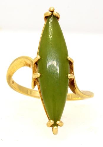 10K Yellow Gold Fantastic Jadeite Ring ? Size 6.5 ? 25mm x 6.5mm Stone ? 3.7 Grams: Beautiful Fantastic Jadeite ring crafted in solid 10K gold and set with an eye-catching jadeite stone. The mounted jadeite measures approximately 25mm x 6.5mm, giving the ring an elegant, elongated