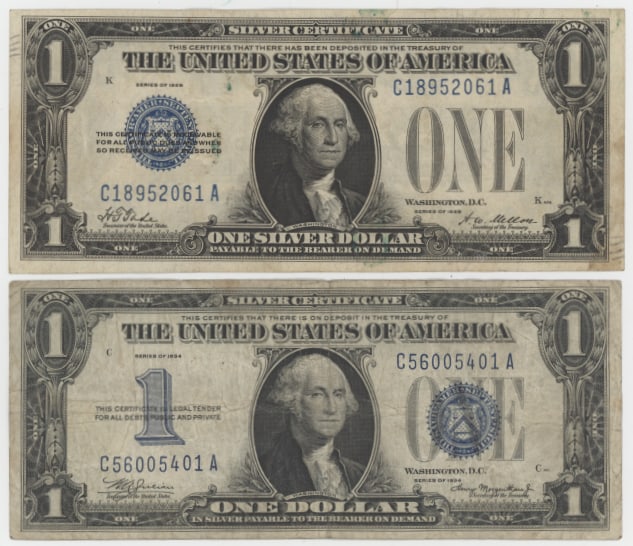 1935A and 1934 $1 Silver Certificates Funny Back Pair Blue Seal U.S. Currency Notes (1 of 2)