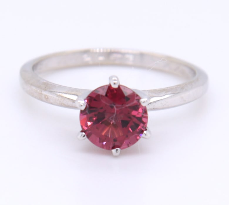 Pleasing White Gold Rhodalite Garnet Stacking Ring: Pleasing 14kt White Gold approximate 1ct Rhodalite Garnet Stacking Ring. Total weight of Ring 2.20 Grams. Ring Size 5.25"