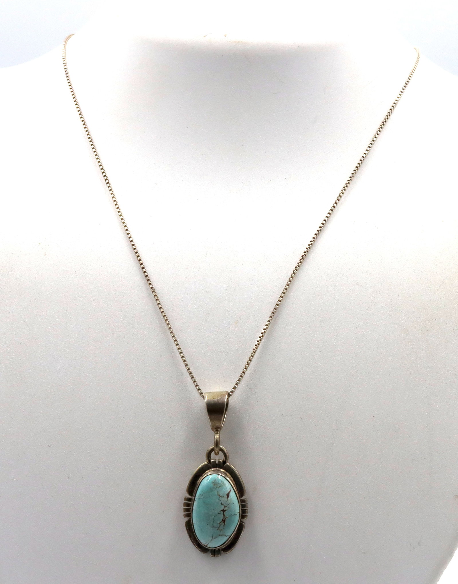 P.Sanchez signed 925 sterling silver turquoise pendant on box chain necklace: P.Sanchez signed 925 sterling silver turquoise pendant on 18-inch box chain necklace. The total weight of the necklace is 9.6 grams.