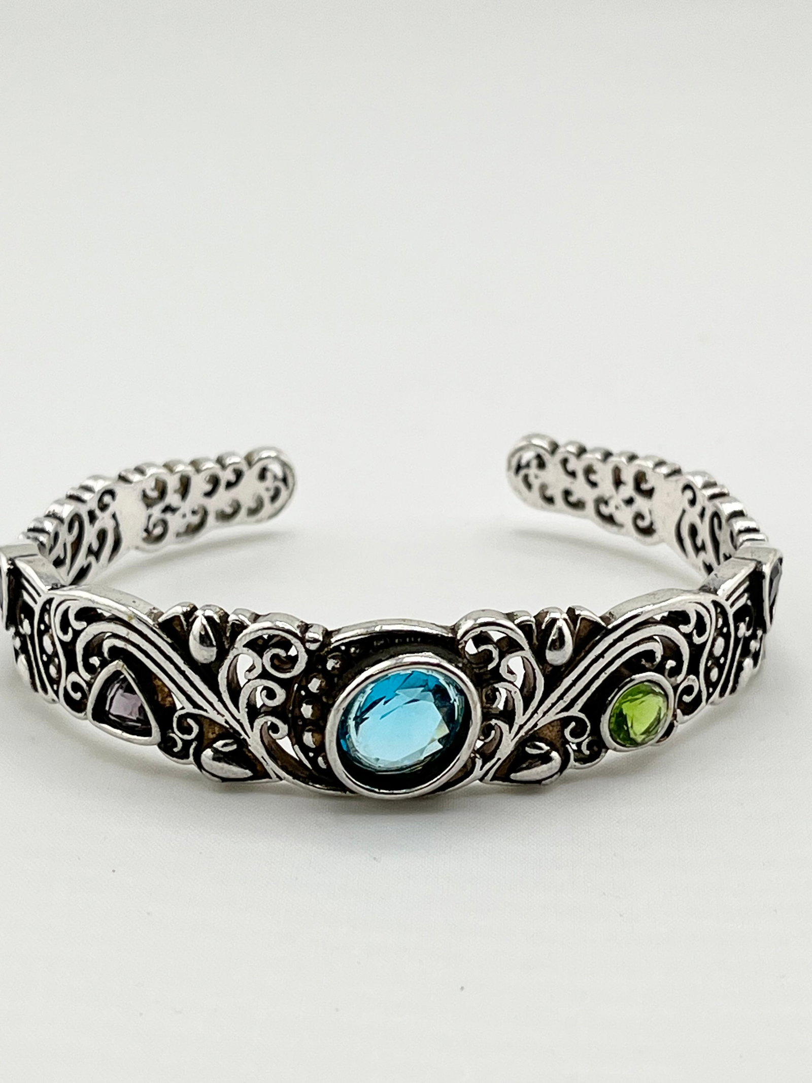 925 Sterling Silver Filigree Design Multi Volor Gemstone Cuff Bracelet (1 of 7)