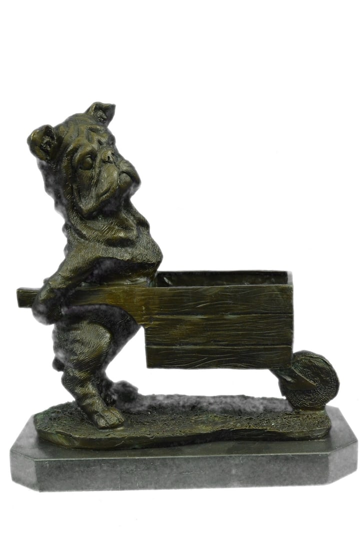 Bulldog Bronze Planter Sculpture Statue: Adorable English Bulldog Pulling a Cart Planter by European Bronze with a brown patina. The cart can be used as a planter for flowers. This Sculpture was cast using the lost Wax Method and has a