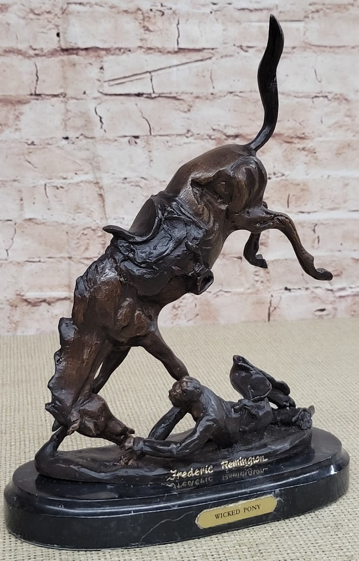 Fallen Man From Horse Bronze Sculpture: The Wicked Pony was inspired by a past recollection of a western trip. The horse is depicted with extremely calculated positions in movement as if the artist was recalling a particularly drastic momen
