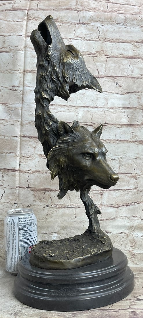 Two Wolves Head Bust Bronze Sculpture - 2
