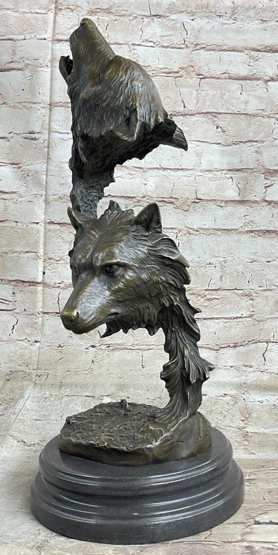 Two Wolves Head Bust Bronze Sculpture - 3