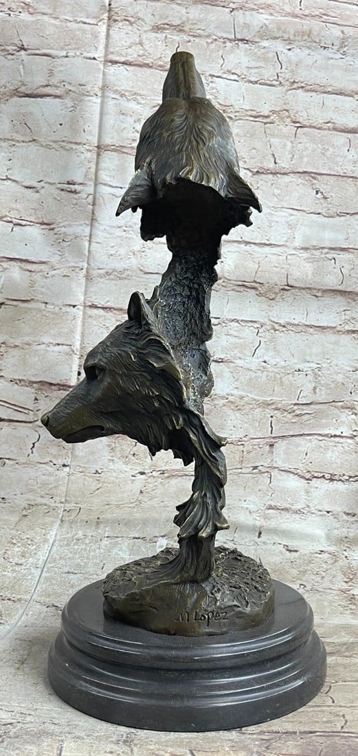 Two Wolves Head Bust Bronze Sculpture - 4